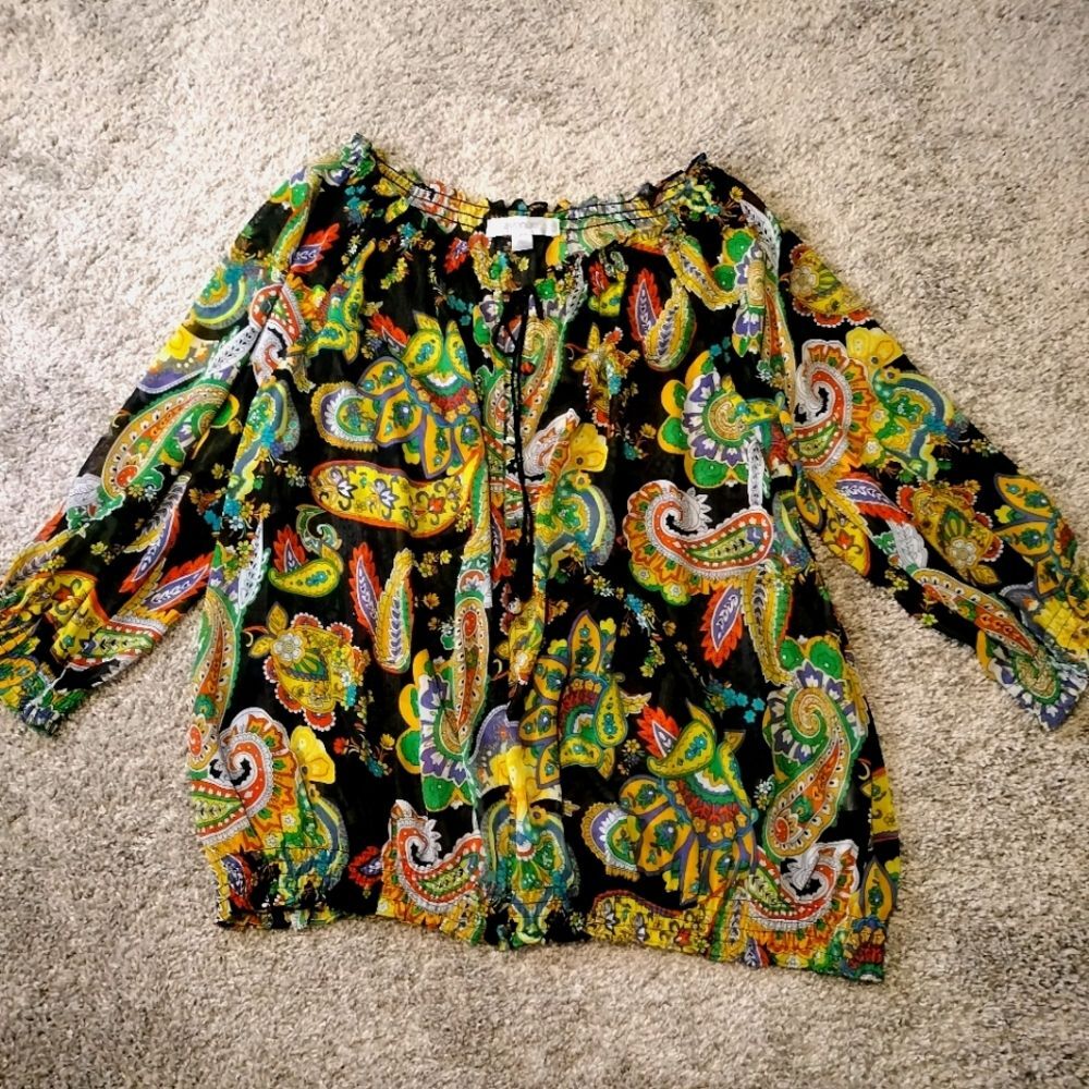 Avenue Flowy Boho Colorful Paisley Button Front Long Sleeve Women's Top Sz 22/24